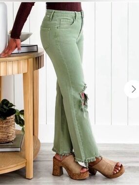 Risen Rudy Olive Green High Rise‎ Knee Distressed Straight Pants